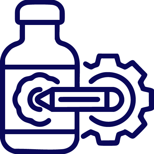 Lightbulb icon line art in blue and white behind text